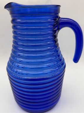 Vintage Cisper Brazil Cobalt Blue Ribbed Glass Pitcher 1.5 Liters 8.3” Tall